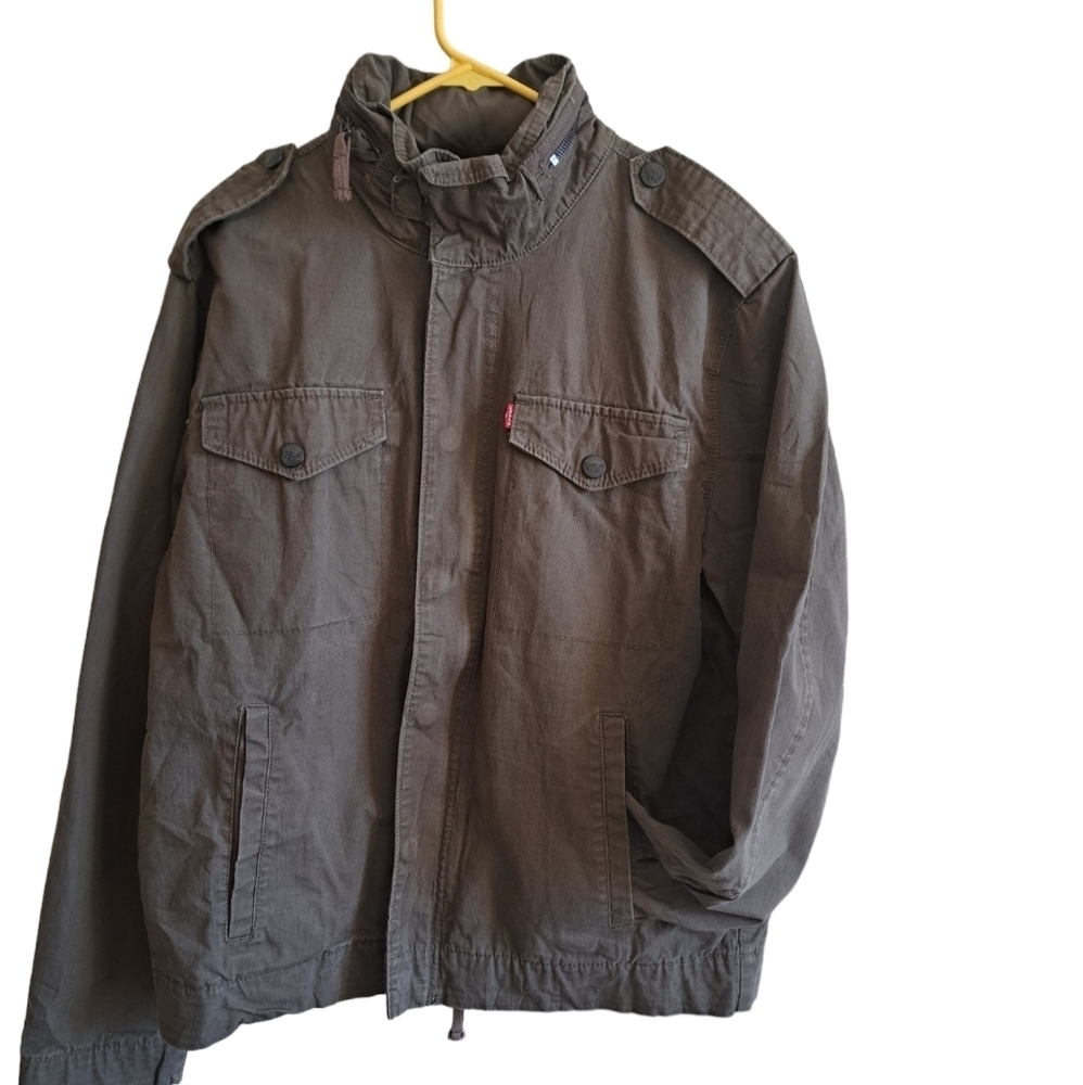 Men's LEVIS UTILITY jacket zip snap closure pockets olive green hood *FLAW*